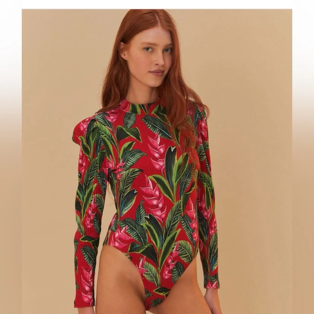 FARM Rio NEW Tropical Pink Hawaiian Bodysuit Ribbed Puff Sleeve-XS - Picture 1 of 5
